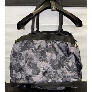 LeSportsac Deluxe Large Weekender Black Gray Floral Print Zip Travel Tote Bag